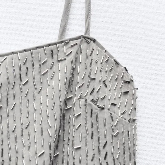 ZARA Gray Silver Beaded Spaghetti Strap Mini Dress S NWT - Picture 5 of 13